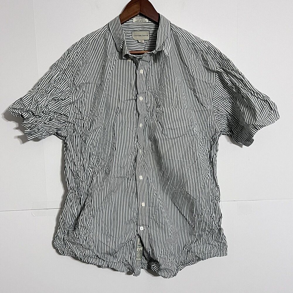 Cutter Buck Mens Shirt Size 1Xb White Grey Striped Embroidered Short Sleeve